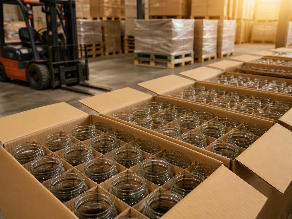 Glass jars packed in export cartons ready for shipping