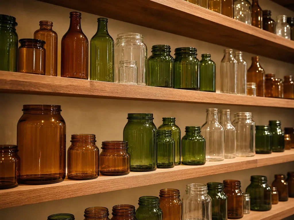 Shelf of glass jars in different colors and sizes